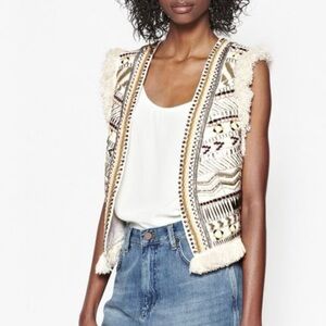 Cream and Brown Geometric Patterned Vest with Gold Trim